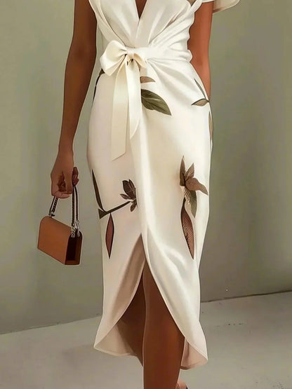 Effortless Floral Midi Dress for Women with V Neck Flutter Sleeve Wrap Tie Waist Tulip Hem Style