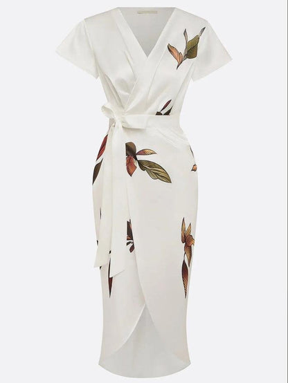 Effortless Floral Midi Dress for Women with V Neck Flutter Sleeve Wrap Tie Waist Tulip Hem Style