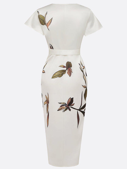 Effortless Floral Midi Dress for Women with V Neck Flutter Sleeve Wrap Tie Waist Tulip Hem Style