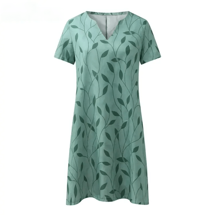 Effortless Leaf Print Shift Dress for Women with Notch V Neck Short Sleeve Relaxed Casual Style