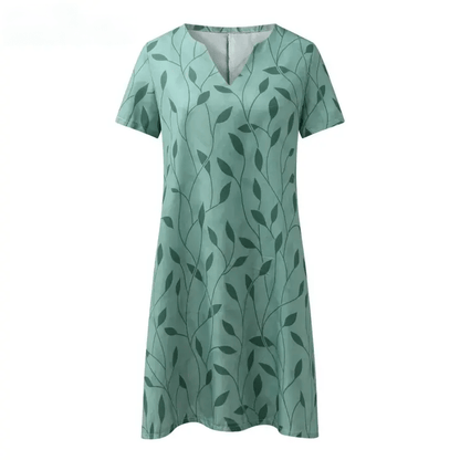 Effortless Leaf Print Shift Dress for Women with Notch V Neck Short Sleeve Relaxed Casual Style