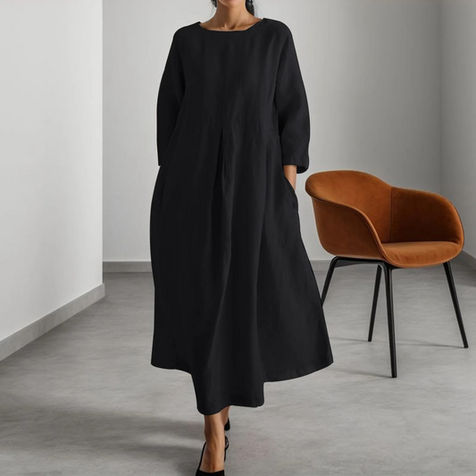 Effortless Linen Maxi Dress for Women with Round Neck Elbow Sleeve Pleated Pocket Flowing Style