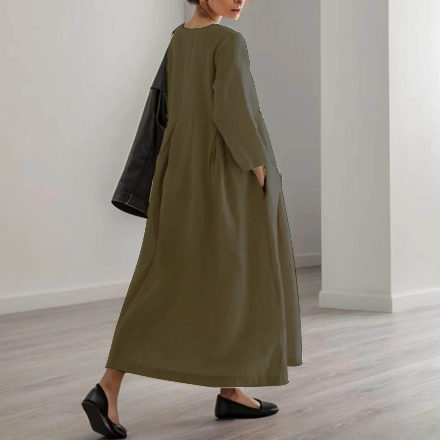 Effortless Linen Maxi Dress for Women with Round Neck Elbow Sleeve Pleated Pocket Flowing Style