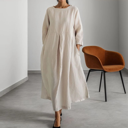 Effortless Linen Maxi Dress for Women with Round Neck Elbow Sleeve Pleated Pocket Flowing Style