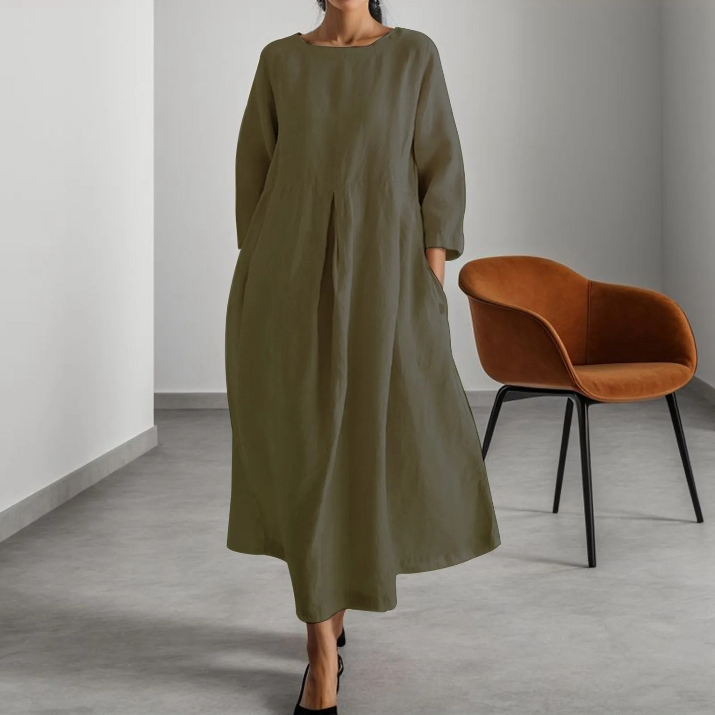 Effortless Linen Maxi Dress for Women with Round Neck Elbow Sleeve Pleated Pocket Flowing Style