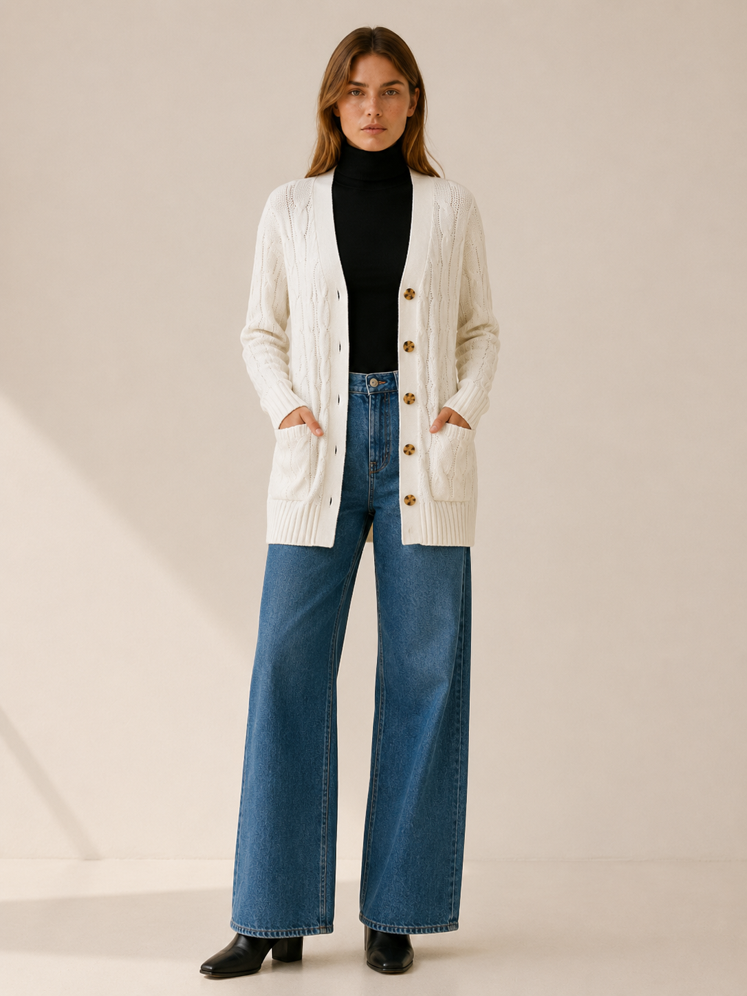 Comfortable White Cardigan for Women with V Neck Long Sleeve Button Front Patch Pocket Longline Knit Style