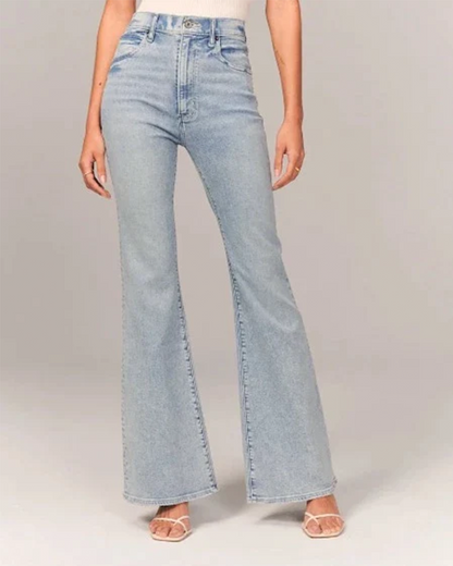 Chic Blue High Waisted Flare Jeans for Women with Five Pocket Button Down Denim Vintage Style