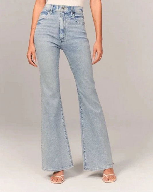 Chic Blue High Waisted Flare Jeans for Women with Five Pocket Button Down Denim Vintage Style