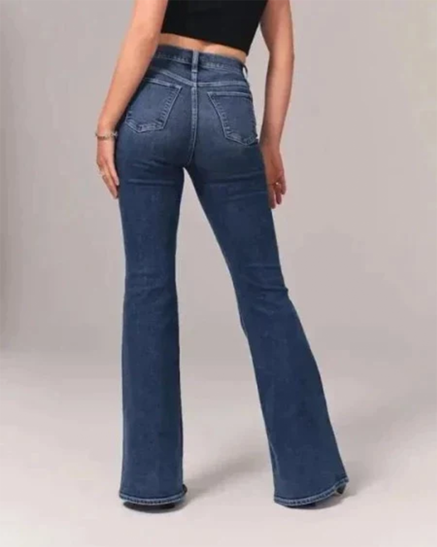 Chic Blue High Waisted Flare Jeans for Women with Five Pocket Button Down Denim Vintage Style