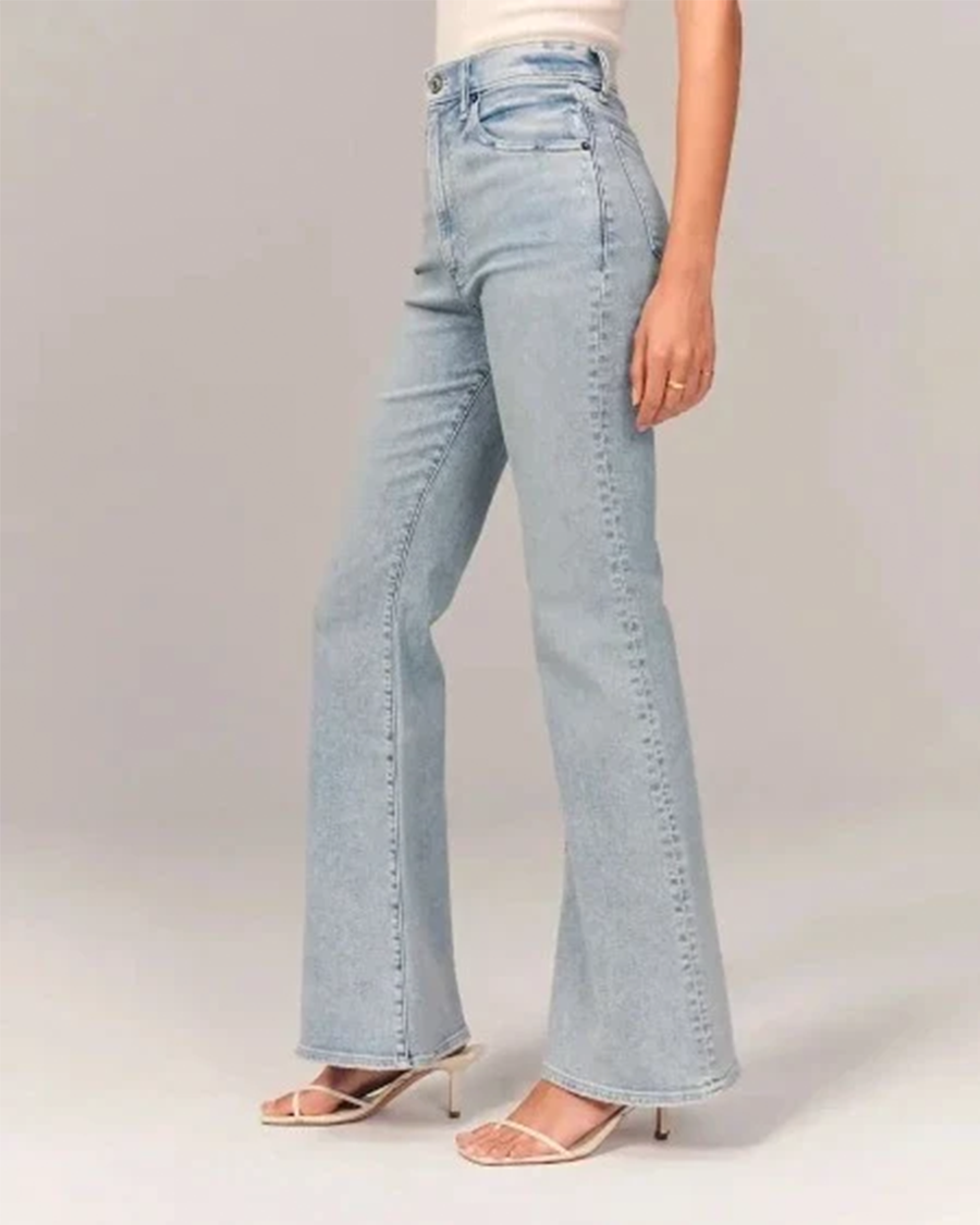 Chic Blue High Waisted Flare Jeans for Women with Five Pocket Button Down Denim Vintage Style