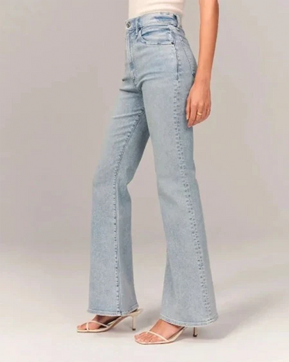 Chic Blue High Waisted Flare Jeans for Women with Five Pocket Button Down Denim Vintage Style