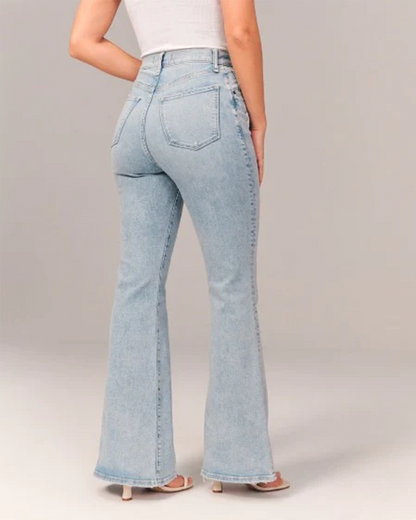 Chic Blue High Waisted Flare Jeans for Women with Five Pocket Button Down Denim Vintage Style