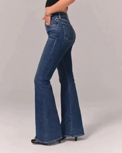 Chic Blue High Waisted Flare Jeans for Women with Five Pocket Button Down Denim Vintage Style