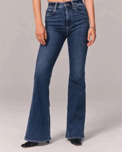 Chic Blue High Waisted Flare Jeans for Women with Five Pocket Button Down Denim Vintage Style