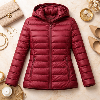 Refined Hooded Puffer Jacket for Women with Front Zip Lightweight Quilted Insulated Packable Cold Weather Style
