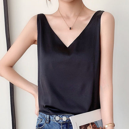 Effortless Satin Camisole Top for Women with V Neck Sleeveless Relaxed Flowing Style