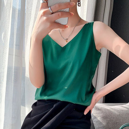 Effortless Satin Camisole Top for Women with V Neck Sleeveless Relaxed Flowing Style