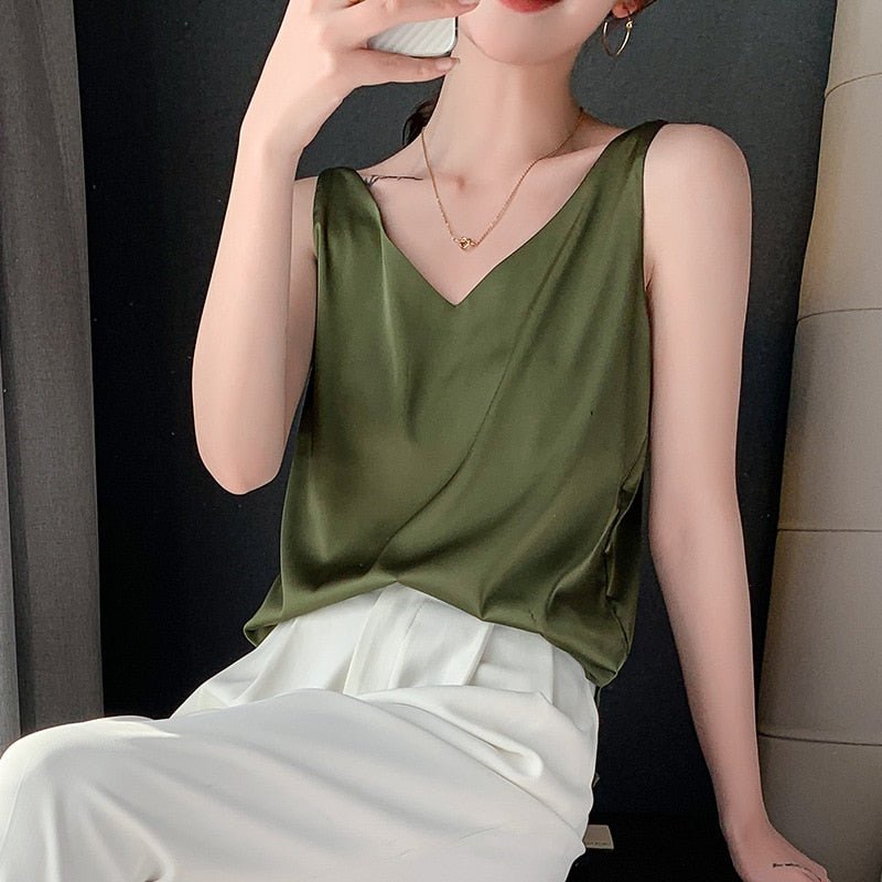 Effortless Satin Camisole Top for Women with V Neck Sleeveless Relaxed Flowing Style