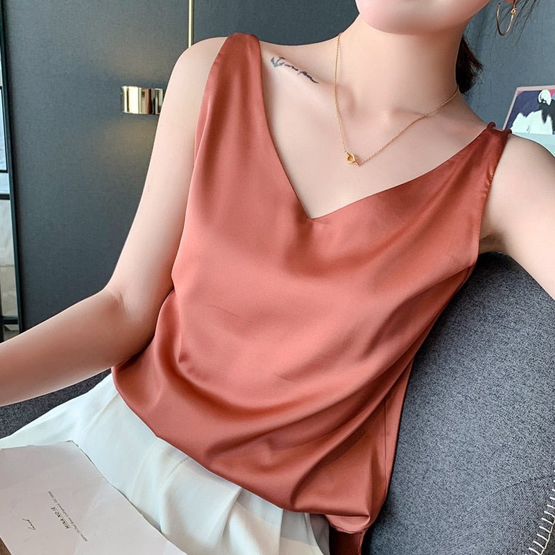 Effortless Satin Camisole Top for Women with V Neck Sleeveless Relaxed Flowing Style