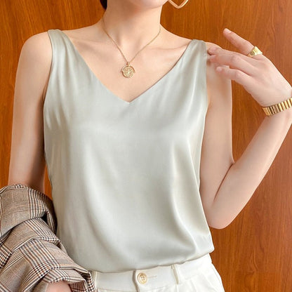 Effortless Satin Camisole Top for Women with V Neck Sleeveless Relaxed Flowing Style