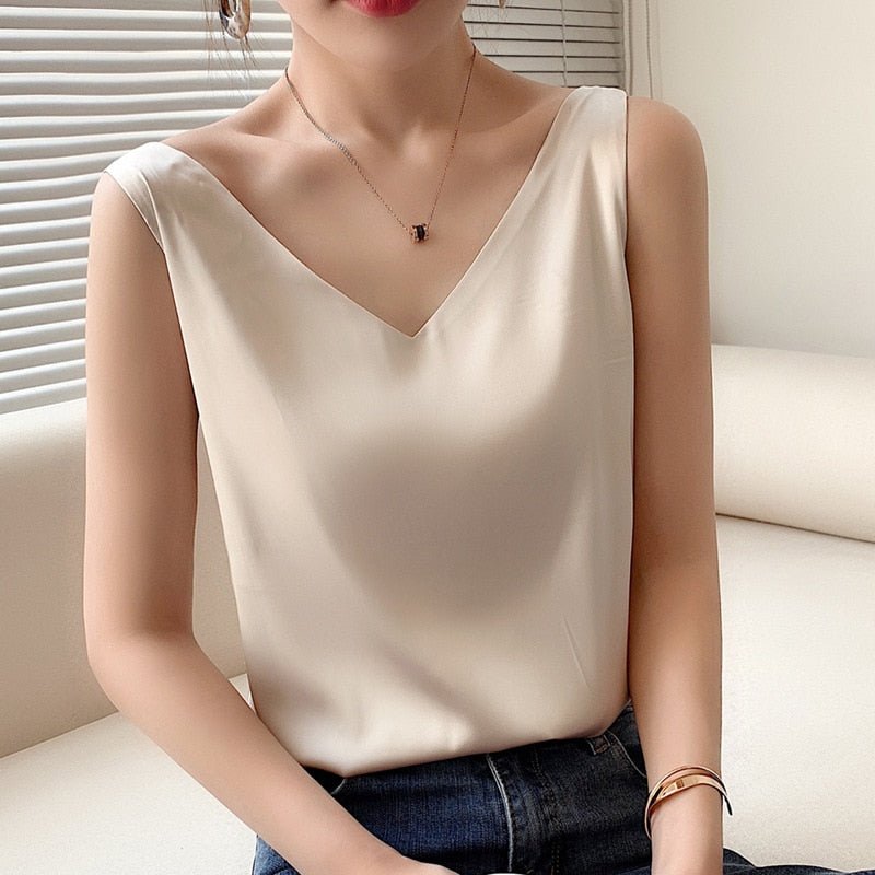 Effortless Satin Camisole Top for Women with V Neck Sleeveless Relaxed Flowing Style