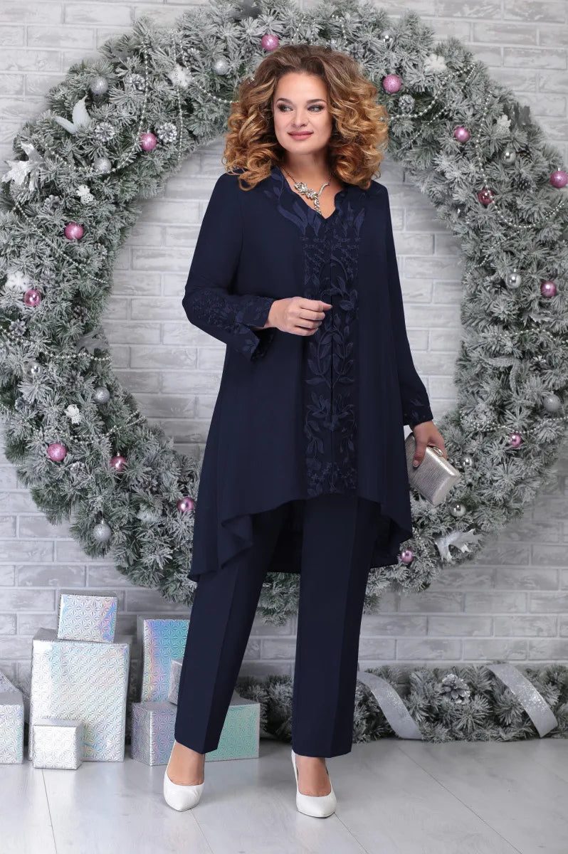 Elegant Embroidered Chiffon Two Piece Set for Women with V Neck Long Sleeve High Low Tunic Formal Wedding Guest Style