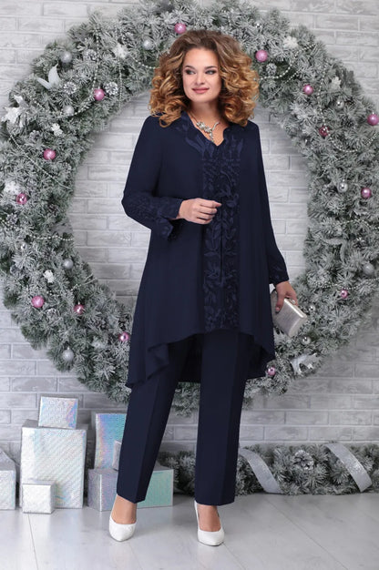 Elegant Embroidered Chiffon Two Piece Set for Women with V Neck Long Sleeve High Low Tunic Formal Wedding Guest Style