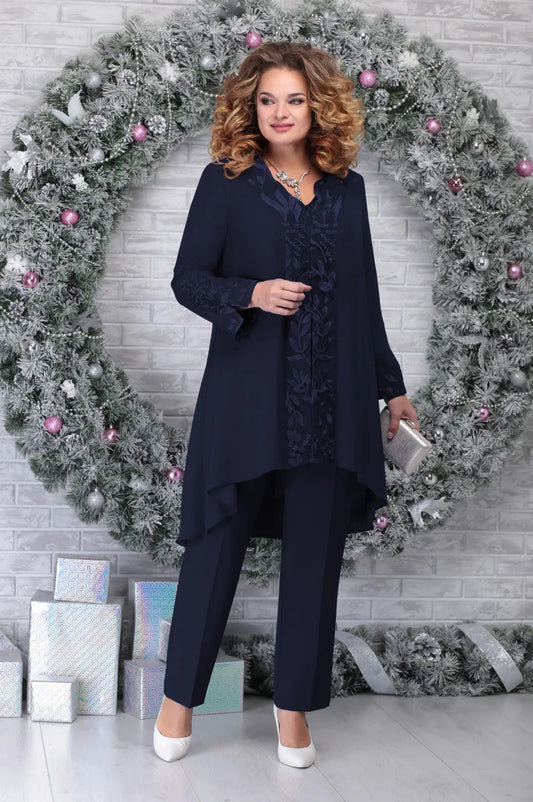 Elegant Embroidered Chiffon Two Piece Set for Women with V Neck Long Sleeve High Low Tunic Formal Wedding Guest Style