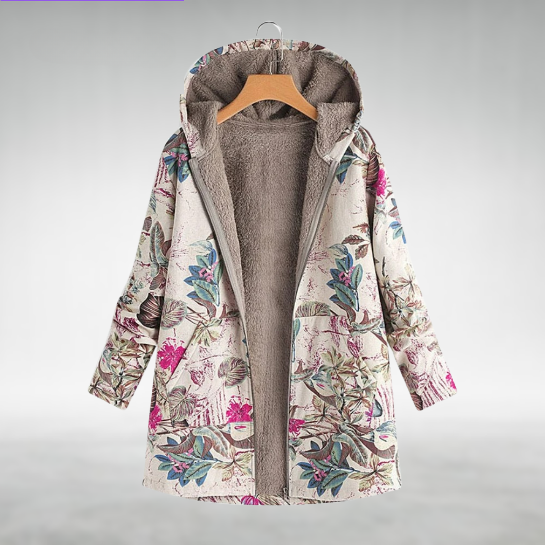 Effortless Floral Print Fleece Jacket for Women with Hooded Long Sleeve Zip Front Relaxed Style