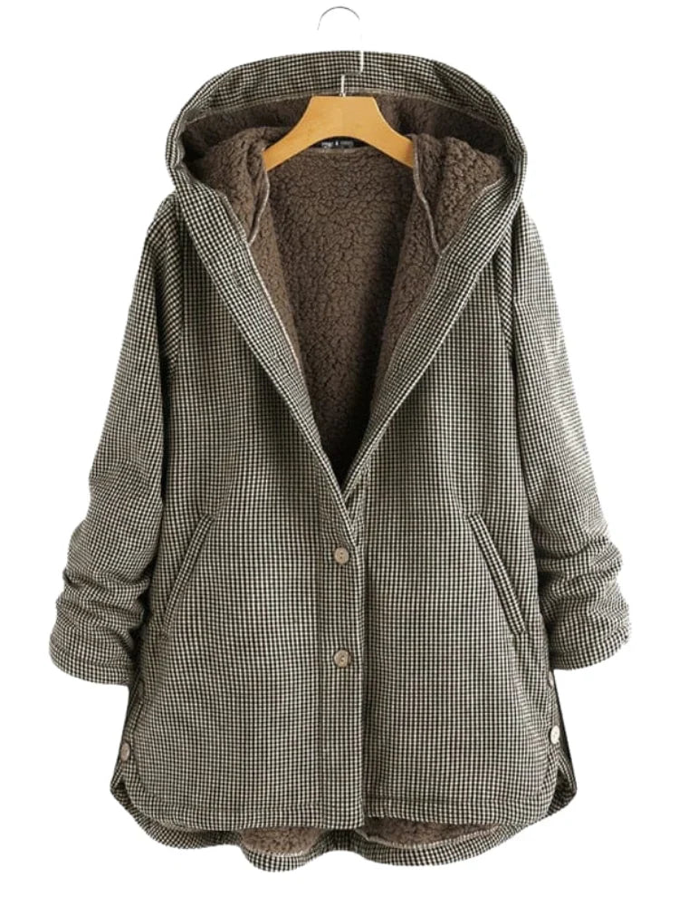 Effortless Plaid Fleece Jacket for Women with Hooded Long Sleeve Button Front High Low Hem Casual Style