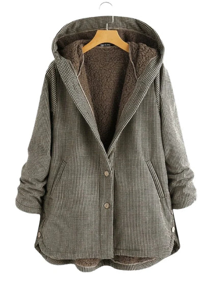 Effortless Plaid Fleece Jacket for Women with Hooded Long Sleeve Button Front High Low Hem Casual Style