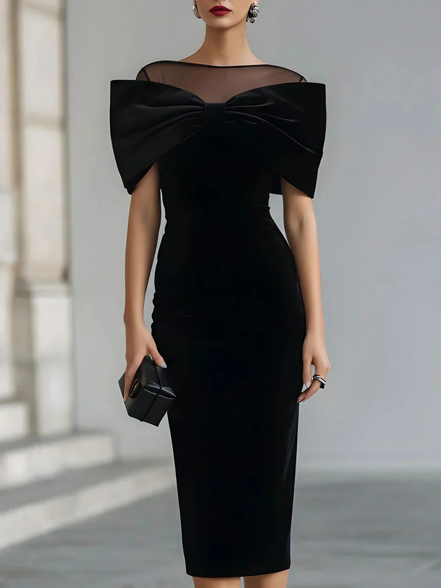 Stylish Black Wedding Guest Midi Dress for Women with Boat Neck Bow Shoulder Bodycon Velvet Cocktail Style