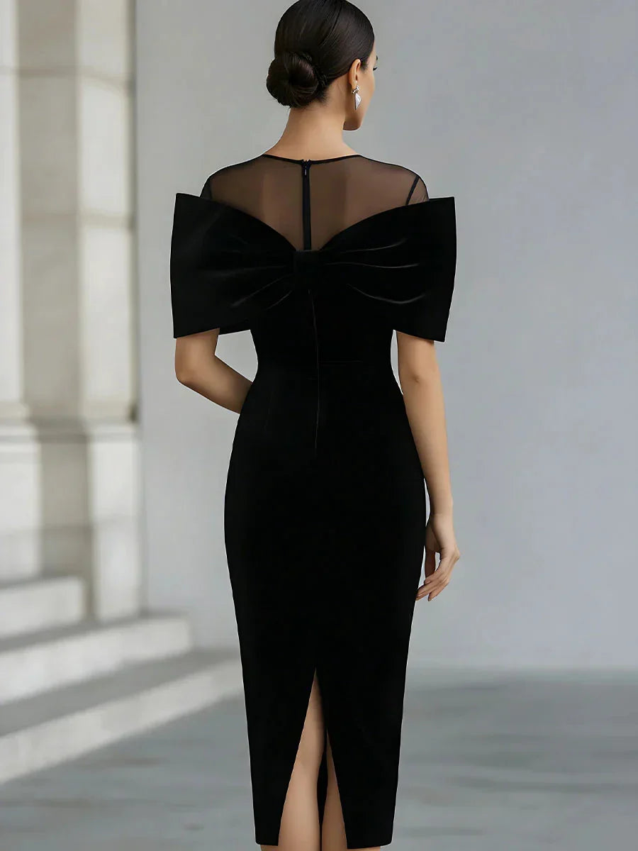 Stylish Black Wedding Guest Midi Dress for Women with Boat Neck Bow Shoulder Bodycon Velvet Cocktail Style