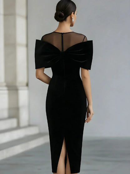 Stylish Black Wedding Guest Midi Dress for Women with Boat Neck Bow Shoulder Bodycon Velvet Cocktail Style