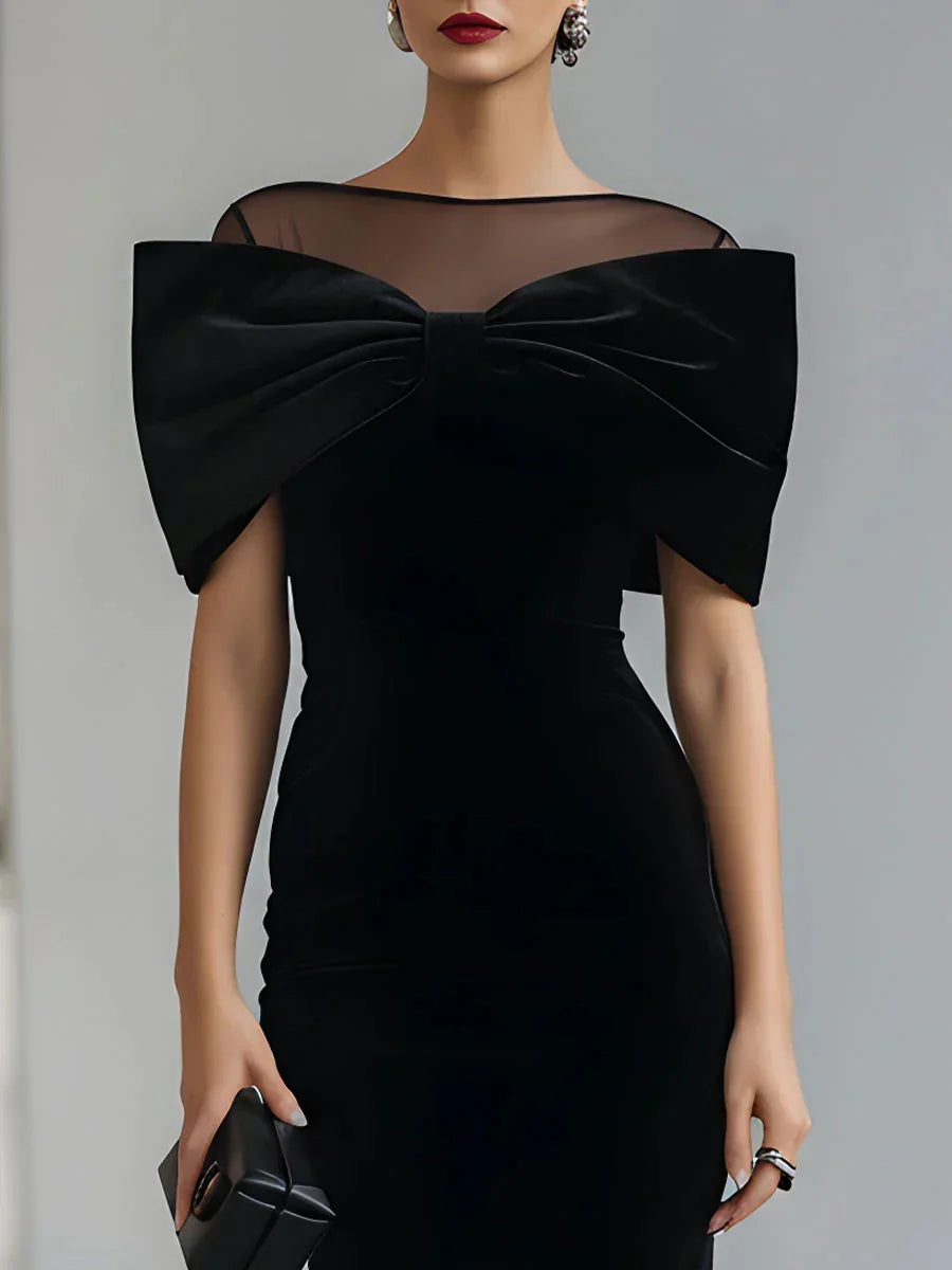 Stylish Black Wedding Guest Midi Dress for Women with Boat Neck Bow Shoulder Bodycon Velvet Cocktail Style