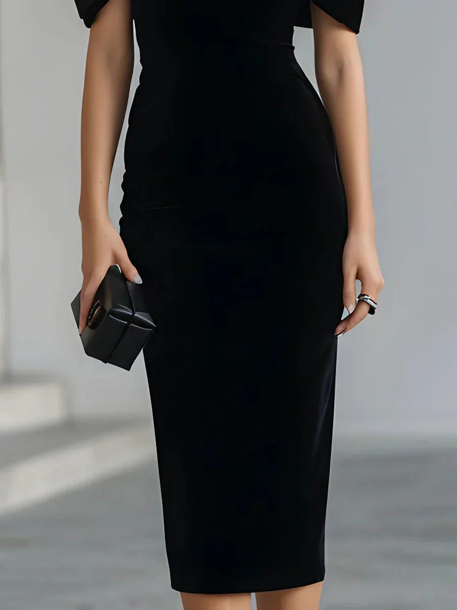 Stylish Black Wedding Guest Midi Dress for Women with Boat Neck Bow Shoulder Bodycon Velvet Cocktail Style