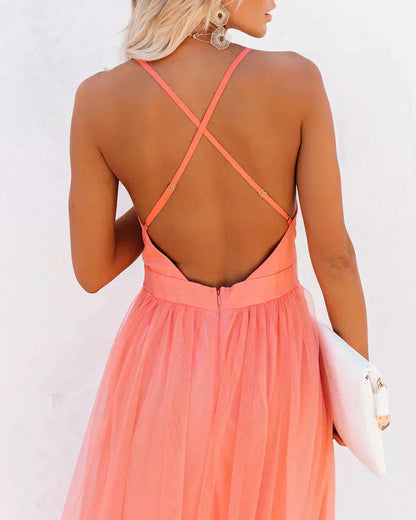 Elegant Coral Tulle Cocktail Dress for Women with Plunging V Neck Spaghetti Strap Open Back Flowing Style