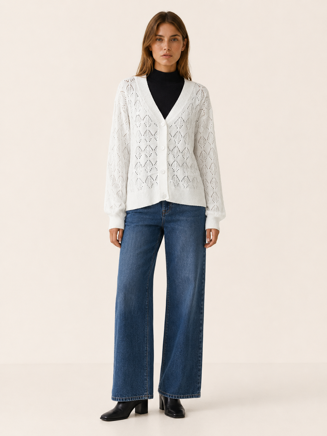 Comfortable White Cardigan for Women with V Neck Long Sleeve Openwork Button Front Knit Style
