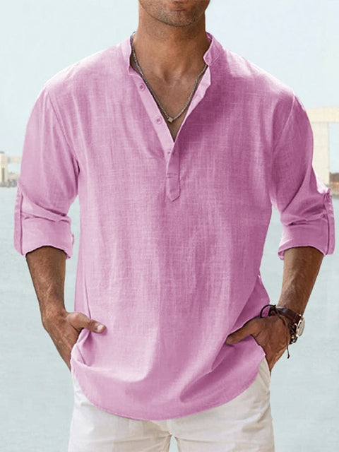 Effortless Linen Shirt for Women with Stand Collar Long Sleeve Button Placket Relaxed Casual Style