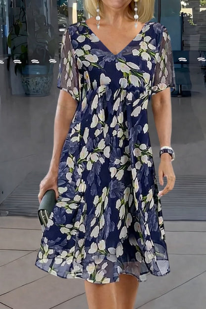 Elegant Floral Midi Dress for Women with V Neck Flutter Sleeve Flowing Bohemian Style