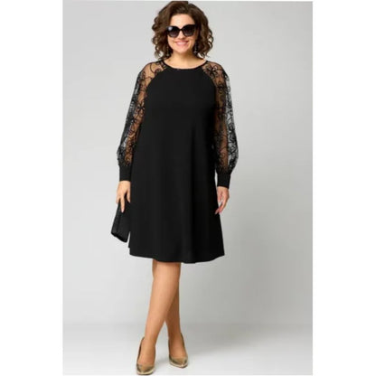 Elegant Black Lace Mini Dress for Women with Round Neck Long Sleeve Sheer Embroidered A Line Cocktail Style