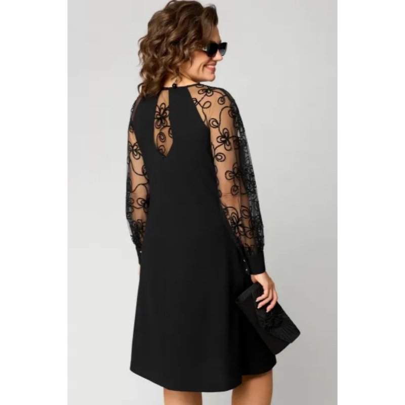 Elegant Black Lace Mini Dress for Women with Round Neck Long Sleeve Sheer Embroidered A Line Cocktail Style