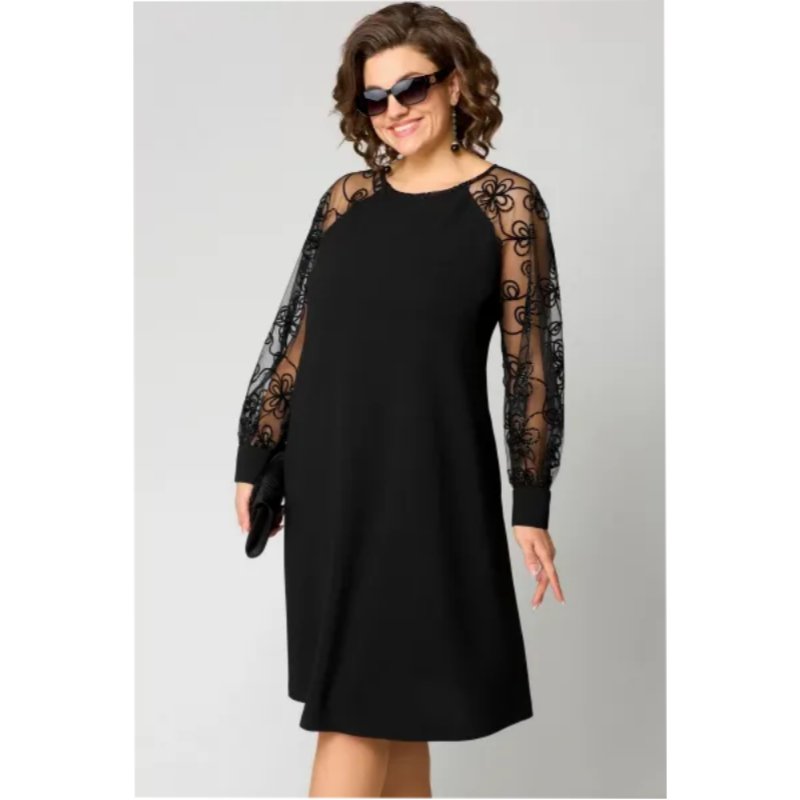 Elegant Black Lace Mini Dress for Women with Round Neck Long Sleeve Sheer Embroidered A Line Cocktail Style