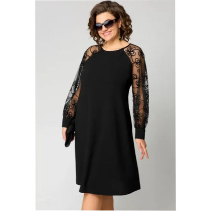 Elegant Black Lace Mini Dress for Women with Round Neck Long Sleeve Sheer Embroidered A Line Cocktail Style