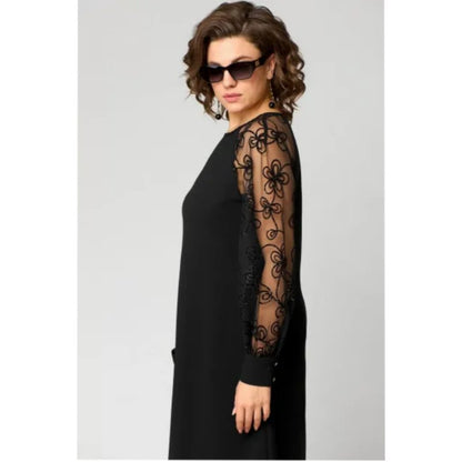 Elegant Black Lace Mini Dress for Women with Round Neck Long Sleeve Sheer Embroidered A Line Cocktail Style