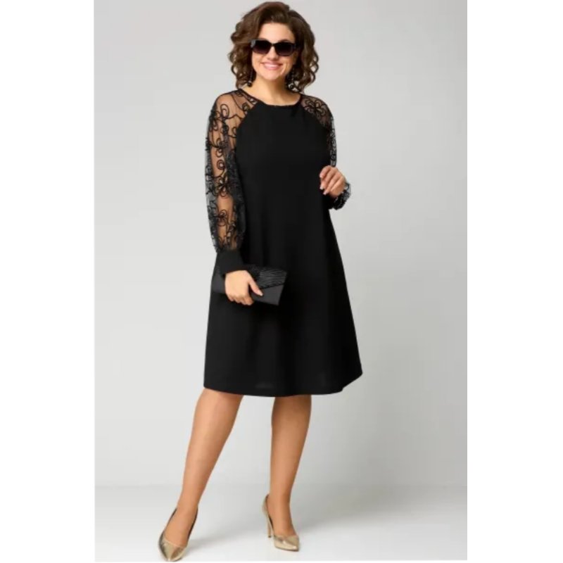 Elegant Black Lace Mini Dress for Women with Round Neck Long Sleeve Sheer Embroidered A Line Cocktail Style