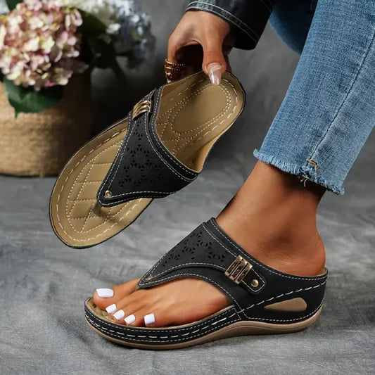 Comfortable Laser Cut Wedge Sandal for Women with Toe Post Buckle Strap Orthopedic Style