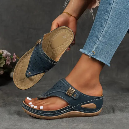 Comfortable Laser Cut Wedge Sandal for Women with Toe Post Buckle Strap Orthopedic Style