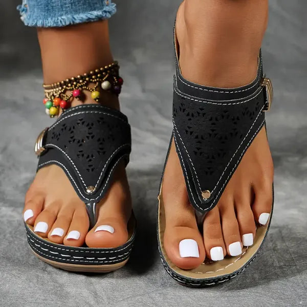 Comfortable Laser Cut Wedge Sandal for Women with Toe Post Buckle Strap Orthopedic Style