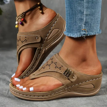 Comfortable Laser Cut Wedge Sandal for Women with Toe Post Buckle Strap Orthopedic Style